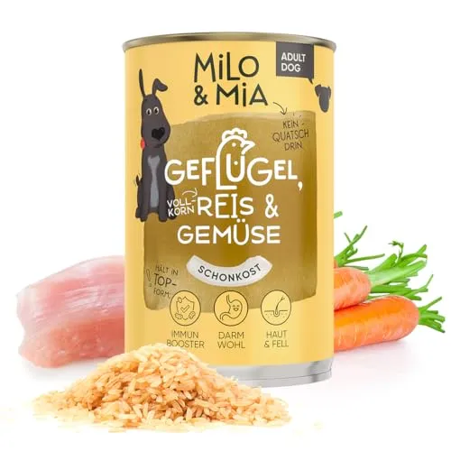 Milo & Mia - Schonkost für Hunde Nassfutter, magenschonendes Hundefutter für Hunde mit Magen-Darm-Problemen, weizenfreies Monoprotein Nassfutter aus frischen Zutaten: Geflügel, Reis & Gemüse (6x400g)