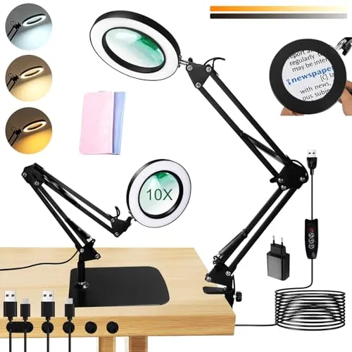 UCAMP Lupe mit Licht und Ständer,LED Lupenleuchte,3 Modi Farben Stufenlos 10 Dimmbaren,LED Schreibtischlampe für Arbeit,Lesen,Heimwerker-Hobbyarbeiten