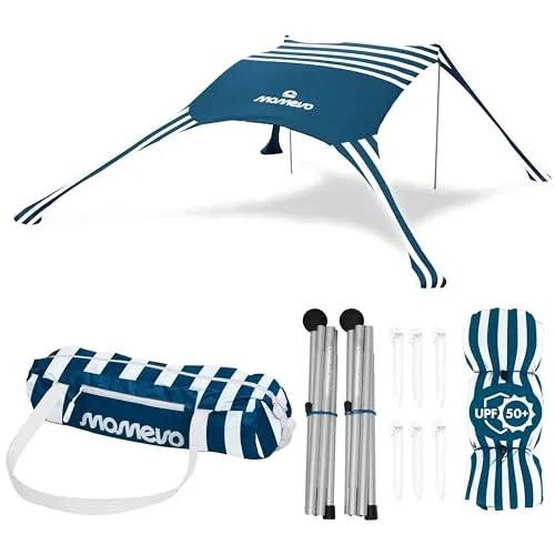 MOMEVO Sunsail Young Family Strandzelt - UV Schutz Sonnensegel für 4 Personen - Strandmuscheln mit 5x5 m Schattenfläche, ideal für Familien. Leicht, robust und windstabil, schützt effektiv vor UV-Strahlen (UPF50+) und ist schnell in unter 2 Minuten auf- und abgebaut.