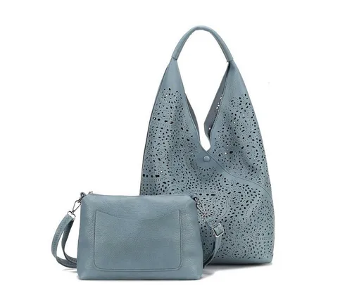 ITALYSHOP24 Schultertasche DAMEN XXL SHOPPER Set HOBO Cross Over Body Bag Umhängetasche Beutel (Spar-Set: Henkel Tasche mit CrossOver, Workbag Schule Tote Weekender, 2-tlg., mit Henkel & Schultergurt), Schmucktasche Smartphone Freizeit Abend Urlaub Leder Optik leicht