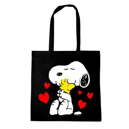 Logoshirt® Peanuts Snoopy & Woodstock Baumwolltasche schwarz | Jutebeutel Stoffbeutel Einkaufstasche | Offiziell lizenziertes Design | 100% Baumwolle | für Damen & Herren