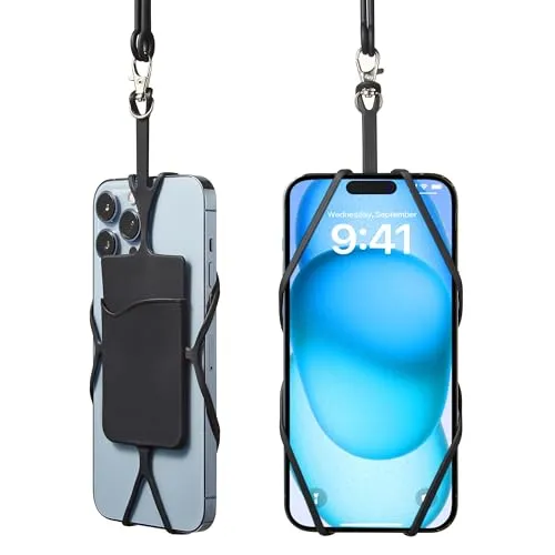 Kinizuxi 2Packs Handykette Universal zum Umhängen mit Kartenfach, Silikon Handyhülle mit band Handy Kette Umhängenband Kompatibel mit Handy und Smartphone-Schwarz