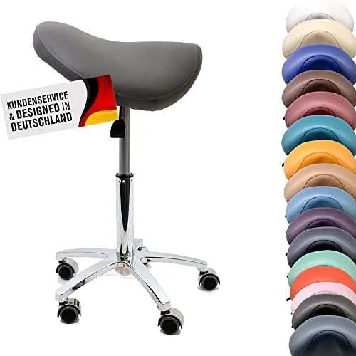 Promafit Sattelhocker/Sattelstuhl mit Gummirollen für alle Böden und Metallfuß - ergonomisch - stufenlos höhenverstellbar - viele Farben - 360° drehbar (Grau, Ohne Fußring)