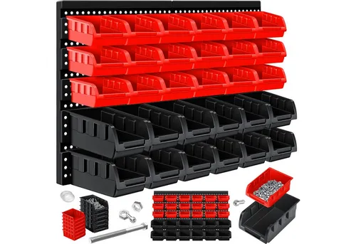 MASKO Stapelbox 32tlg - Praktisches Sichtlagerregal - Stapelboxen für effiziente Organisation, ideal für Werkstatt oder Garage. Mit 32 Teilen in schwarz/rot für klare Sicht und einfachen Zugriff.