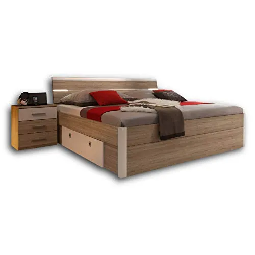 Stella Trading MARS Doppelbett 180 x 200 cm mit Nachtkommoden - Schlafzimmer Komplett-Set in Eiche Sonoma Optik mit LED-Beleuchtung für eine stimmungsvolle Atmosphäre und einfache Montage – ideal für modernes Wohnen.