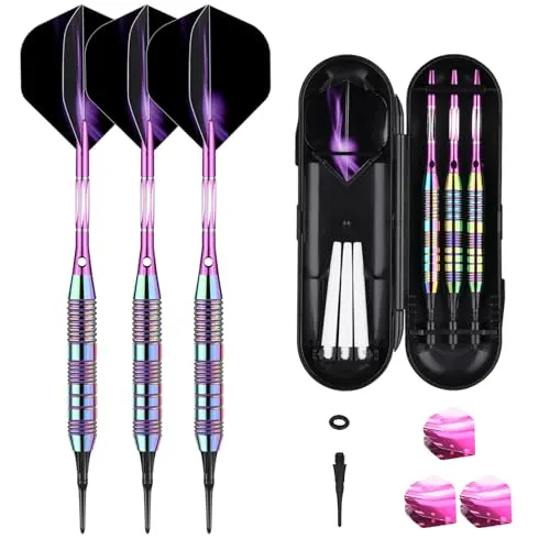 sanfeng Dartpfeile mit kunststoffspitze für elektronische dartscheibe 21 Gramm Softdarts mit Lila Aluminum Schaft 6 Flights 50 Anti-Lose Gummiringe 50 Spitzen