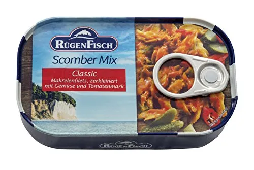 Rügen Fisch Scomber Mix - Makrelenfilets mit Gemüse und Tomatenmark, 120g - Makrele, MSC-zertifiziert und reich an Omega-3-Fettsäuren, ideal für eine gesunde Ernährung.
