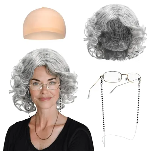 FUIPVGI Oma Kostüm Kittelschürze damen graues Oma Perücken Set mit Oma Perücke, Brille und Kette, Zubehör-Set, Oma-Perückenkappe für Halloween, Welttag des Buches, Maskerade, Karneval