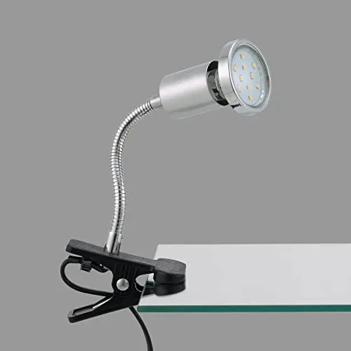 Trango 2967 LED-Klemmleuchte *EASY* Tischlampe, Leseleuchte, Clip Lampe in Silber-Chrom-Optik Klemmspot, Nachtlicht, Schreibtischlampe inkl. 1x GU10 3000K warmweiß LED-Leuchtmittel & Deko Chrom-Ring