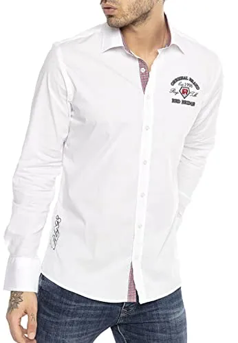 Redbridge Premium Hemd Langarm Business Casual Baumwolle Weiß S - Herrenhemden: Elegantes, atmungsaktives Hemd aus hochwertiger Baumwolle mit individueller Stickerei, ideal für formelle Anlässe oder Business-Casual-Outfits.