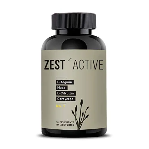 ZEST'ACTIVE L-Arginin Base, L-Citrullin, Maca, Cordyceps - 120 Kapseln - Aminosäure L-Arginin mit 1200mg Arginin, 680mg L-Citrullin und 600mg Maca-Extrakt pro Tagesdosis. Optimale Kombination für mehr Vitalität und Leistungsfähigkeit, ohne Füllstoffe.
