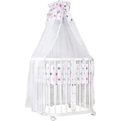 Mobiles 7in1 Babybett aus Holz mit Matratze – Mitwachsend in Rosa - Vielseitiges Babybett in 7 Varianten: Beistellbett und Kinderbett mit 5-fach verstellbarer Bodenhöhe. Ideal für die ersten Lebensjahre, inklusive Sicherheitsschnalle und umwandelbar in Spieltisch mit Stühlen.