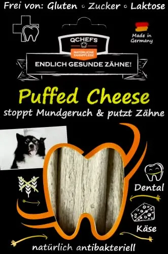 QCHEFS Puffed Cheese: Zahnpflege Hunde als vegetarische-getreidefreie Kaustangen nach dem Hundefutter und antibakterieller Mundgeruchentferner