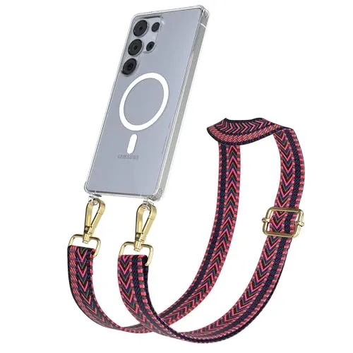 EAZY CASE Handykette - Verstellbares Taschenband kompatibel mit Galaxy S25 Ultra, Schulterriemen, Handykordel mit Silikon Hülle, Qi Charging kompatibel, Umhängetasche, Pink Blau Gold