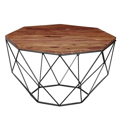 FineBuy Couchtisch Sheesham Massivholz und Metall, 66 x 40 x 66 cm - Beistelltisch fürs Wohnzimmer im Industrial Style, aus hochwertigem Sheeshamholz und robustem Edelstahl, ideal für Snacks und Zeitschriften.