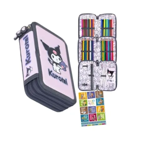 St. Majewski Kuromi Federmäppchen 3 Fächer - Hochwertige Federmappe für Mädchen und Jungen mit 18 Bunt- und Filzstiften, ideal für kreative Schulstunden und eine organisierte Aufbewahrung.