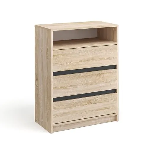 KOMTO Kommode mit 3 Schubladen - Komodenschrank für Schlafzimmer Schubladenkommode mit 1 offenen Fächern für Wohnzimmer | Sideboard Leon Sonoma Eiche 70 x 37 x 90 cm
