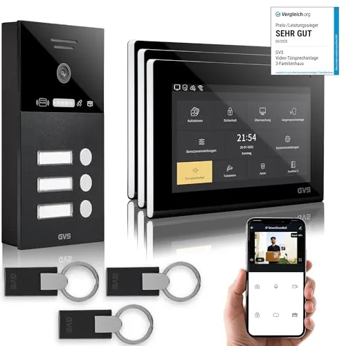 GVS IP Video Türsprechanlage 3 Familienhaus RFID Türöffner - 3X 7 Monitor