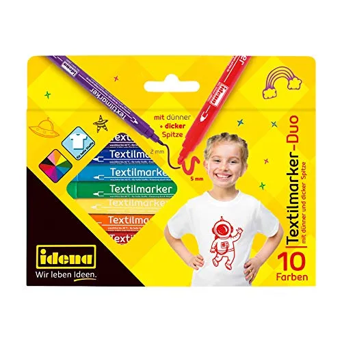 Idena 60052 - Textilmarker Duo, 10 Farben im Kartonetui, mit Doppelspitze (Duo Textilmarker)