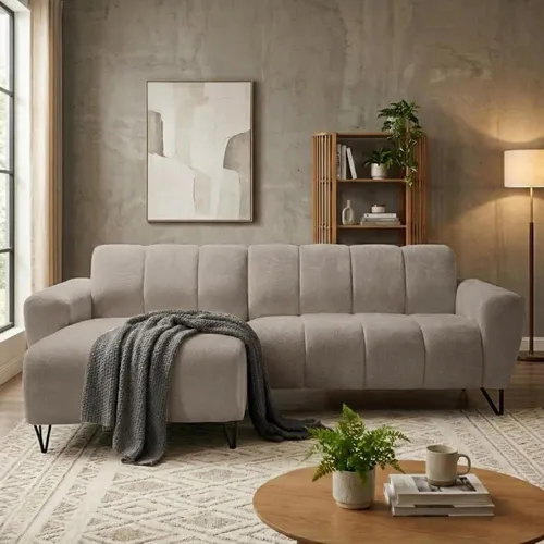 Ecksofa VOLARE MINI L-Form – Stilvolles Sofa mit dekorativen Metallbeinen - Modernes Ecksofa VOLARE MINI in eleganter L-Form, ideal für zeitgemäße Wohnzimmer. Aus hochwertigem Chenille-Stoff, pflegeleicht und langlebig. Freistehendes Design mit schwarzem Metallgestell für besonderen Komfort.