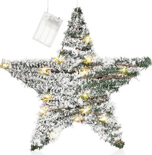 com-four® Künstlicher Weihnachtsstern beschneit mit Beleuchtung und Timer, Stern mit Kunstschnee und 30 warmweißen LEDs, Weihnachtsdeko
