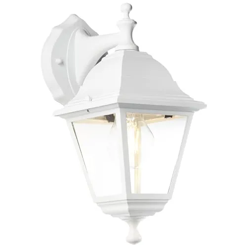 Lightbox Außen Wandlampe - Glas Regenschutz - hängend - in Weiß - klassische Outdoor Wandleuchte für den Hauseingang - 31 x 14 x 19 cm - E27, max. 60 W - aus Metall/Glas