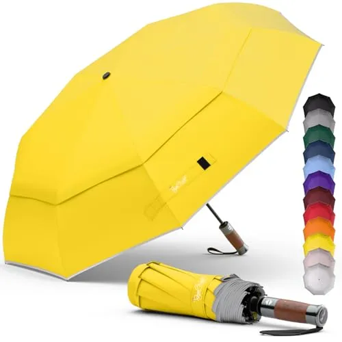 Royal Walk Regenschirm Taschenschirm Sturmfest Automatik Auf und Zu Winddichter Doppelverdeck Klein Stabil Schirm Reflektierend mit Luxuriösem Echtholzgriff für Damen und Herren Umbrella