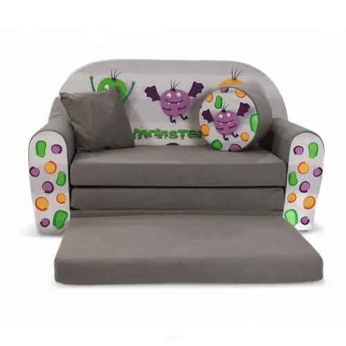 FORTISLINE Kindersitzgruppe mit Aufklappbettfunktion und Hocker W319 - Sitzgarnitur für Kinder mit bequemer Aufklappfunktion. Inklusive Kissen und Hocker, ideal für Spielen und Entspannen. Leicht zu reinigen dank abnehmbarem Mikrofaserbezug.