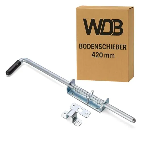 WDB - Türriegel - Türfeststeller 420 mm - Verzinkter Gartentor Schloss - Riegelschloss für Pforten und Türen - Torriegel aus Stahl - Schlossriegel - Riegel für Tor mit Feder - Bolzenriegel