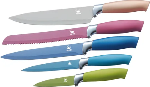 5tlg. Messerset KING® METALLIC DESIGN mit Edelstahl beschichtete Klingen / Größen: Kochmesser 20cm, Brotmesser 20cm, Universalmesser 12.5cm, Ausbeinmesser 20cm, Gemüsemesser 8.5cm
