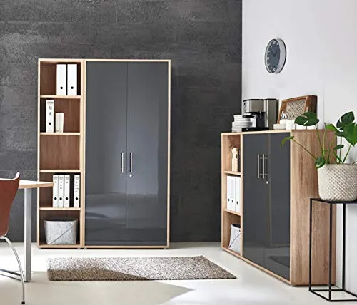 Schrankwand TABOR 4 Büroregal Aktenschränke Büroschrank abschließbar in diversen Farbvarianten (Sonoma Eiche/anthrazit Hochglanz)