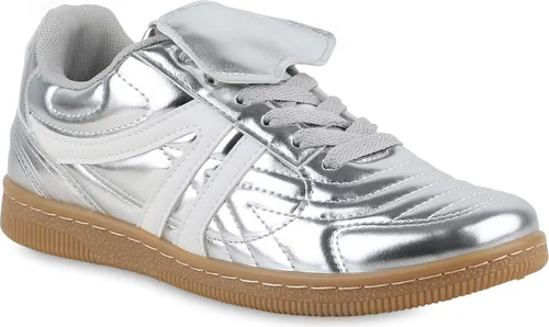 VAN HILL Damen Sneaker Low Schnürer - Sportliche Freizeit Gesteppte Schuhe - Stylische Sneaker für Damen in Silber-Weiß, ideal für Frühling und Sommer. Mit gestepptem Design und flachem Absatz für optimalen Tragekomfort.