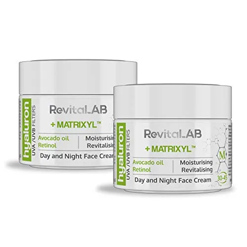 RevitaLAB Hyaluron Anti-Ageing Tages- und Nachtcreme, angereichert mit Avocadoöl, Matrixyl, Retinol und UV-Filtern, für Alter zwischen 30 bis 45 Jahren, 50 ml (Multipack)