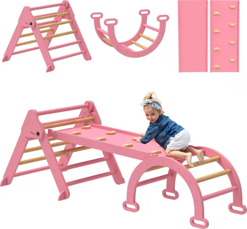 AIYAPLAY Klettergerüst Indoor, 5 in 1 klappbar Kletterdreieck mit Rutsche, Kletterbogen, inkl. doppelseitige Rampe, Spielplatz Indoor für Kinder 18-48 Monate, Rosa