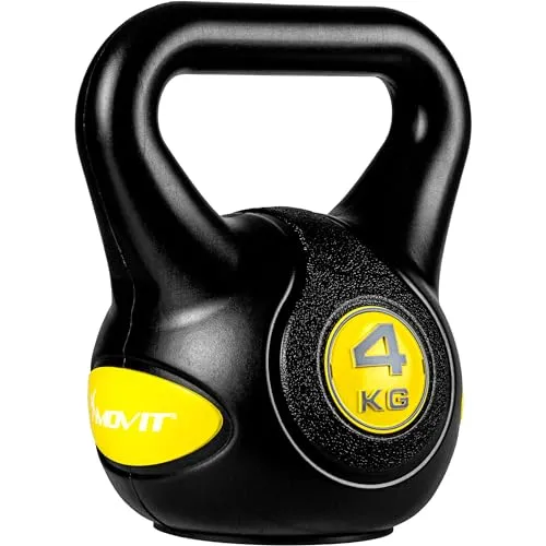MOVIT Kettlebell STYLISH BLACK, Kugelhantel mit Bodenschonender Kunststoffhülle, 2 bis 20 kg, Schadstoffgeprüft, 4 kg Gelb