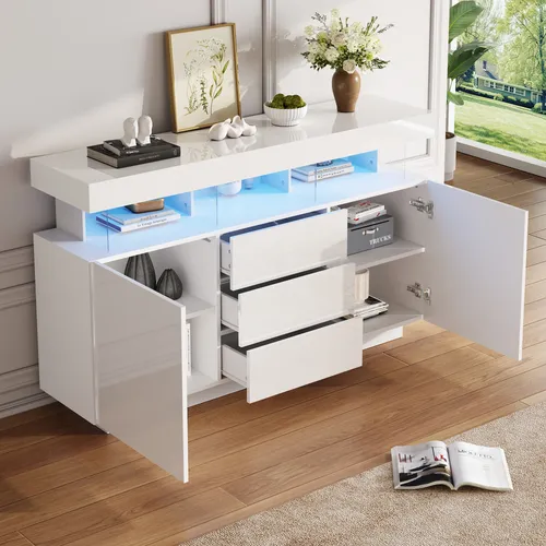MODFU Hochglanz-Sideboard,Kommode  mit 16-farbigem LED-Lichtstreifen,Küchenschrank  mit Schubladen und Türen,weiß