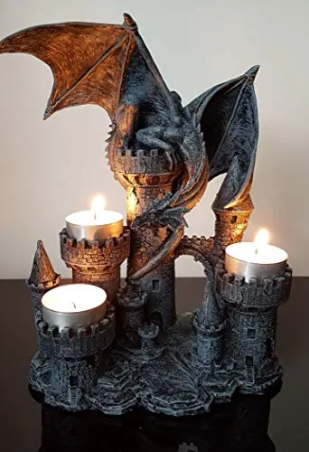 Majestätischer Drachen Kerzenhalter XXL - 3er Teelichthalter mit Burgturm - Teelichthalter aus hochwertigem Polyresin mit detailreich gestaltetem Drachen und Burgtürmen, ideal für stimmungsvolle Beleuchtung und als einzigartiges Geschenk für Drachenliebhaber.