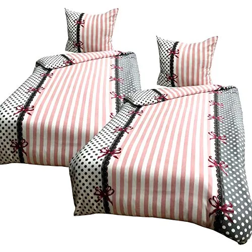Leonado Vicenti Winter Bettwäsche 155x220 cm Thermofleece Flauschig Garnitur Set Bettbezug Grau Weiß Rosa Schleife 4 TLG