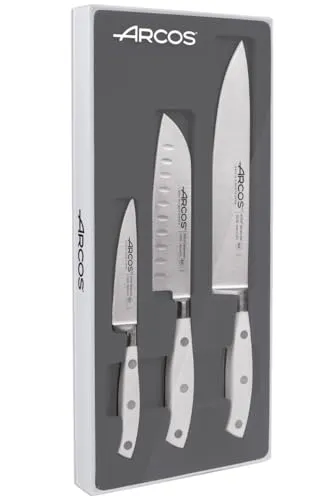 Arcos Küchenset Serie Riviera Blanc - Küchenmesser Set mit 3 hochwertigen Messern aus NITRUM®-Stahl, ideal für Profis und Hobbyköche. Stilvolle weiße Griffe sorgen für ein elegantes Küchenambiente.
