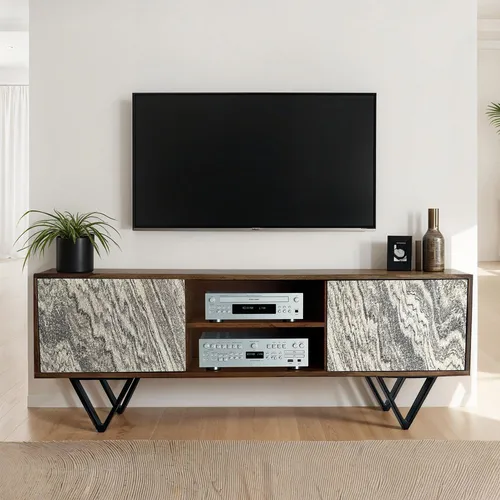 Produktbild WOHNLING Lowboard Sheesham Massivholz 150x56x35 cm – Modernes TV-Möbel mit Steinoptik