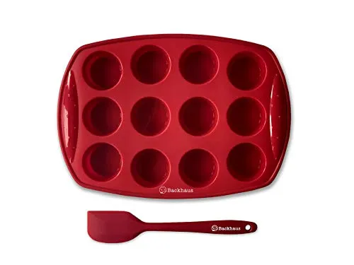 Backhaus FlexBake Mini-Muffinform 12er mit Teigschaber – Platin-Silikon BPA-frei, antihaftend, LFGB-zertifiziert, Muffinblech für Mini-Muffins & Pralinen, spülmaschinenfest – Rot