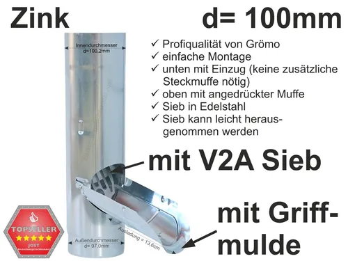 Produktbild Zink Fallrohr Regenrohrklappe d=100mm mit V2A Sieb