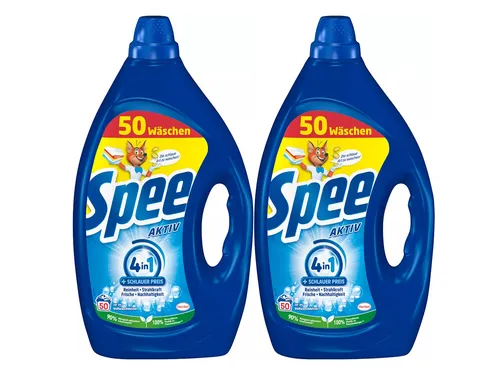 Spee Aktiv Gel Universal 4 + 1 Waschmittel 100 WL (2 x 50 Waschladungen), Flüssigwaschmittel mit 4 + 1 Formel vereint Reinheit, Strahlkraft, Frische & Nachhaltigkeit, 20° - 95° C