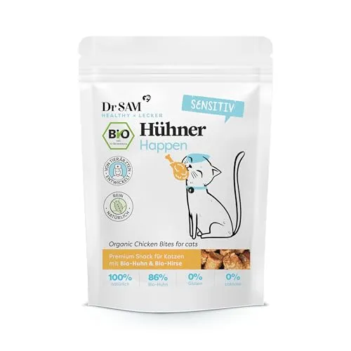 Dr. SAM Premium Snacks für Katzen - Hühner Happen als Gesunde Leckerlis für Gesunde Haut & Glänzendes Fell - Snacks mit Hirsemehl, Kokosmehl und Kaltgepressten Leinsamen - Treat for Cats - 80g
