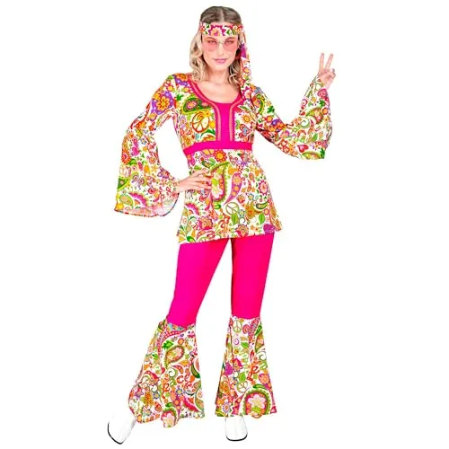 W WIDMANN MILANO 60er Jahre Hippie Kostüm - Kostüm-Outfits für Erwachsene, inklusive Oberteil, Schlaghose und Stirnband - perfekt für Karneval oder Schlagermove mit bunten Flower Power Motiven.