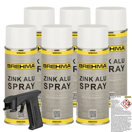 6x BREHMA Zink Alu Spray hell Grundierung Korrosionsschutz bis 300°C 400ml Griff