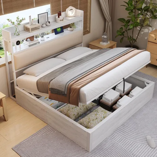 MODFU Doppelbett ohne Matratze 180x200 Bettgestell mit USB und Type-c,Stauraumbett Jugendbett mit gepolstertem Kopfteil und Bettkasten,Weiß