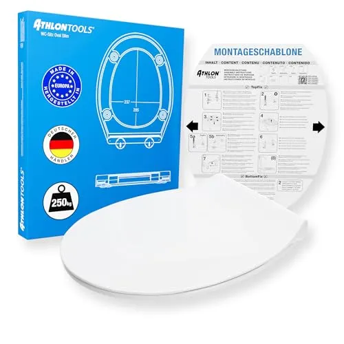 ATHLON TOOLS WC-Sitz Oval mit Soft-Close aus Duroplast, Quick-Release, Montage-Schablone, Toilettendeckel mit Absenkautomatik (Oval - Premium Slim)