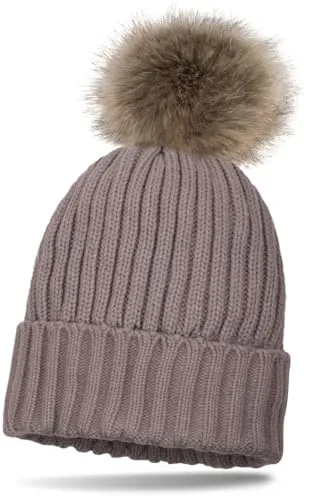 styleBREAKER Kinder Strick Bommelmütze mit Perlrippen Muster und Thermo-Fleece Futter, Winter Strickmütze mit Kunstfell Bommel 04024031, Farbe:Taupe