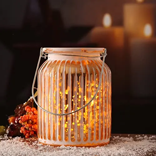 Windlicht geriffeltes Glas Teelichthalter Metallhenkel Kerzenhalter H: 14,5cm Glaslicht Glasvase (weiß/Kupfer)